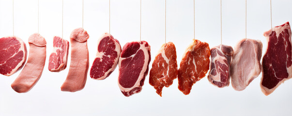 A variety of meats arranged horizontally in a line. Design elements with raw meat on a white background.