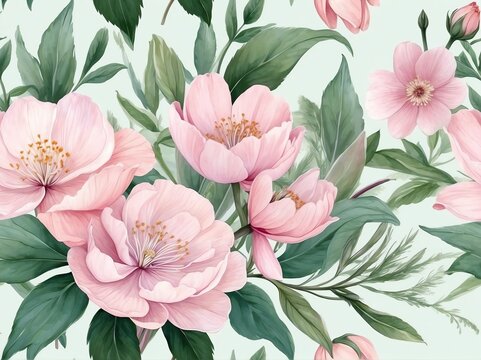 Pastel pink flowers light watercolor design background in seamless repeating pattern from Generative AI