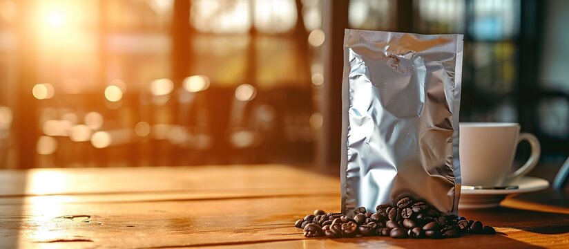 Mockup blank silver foil coffee pouch at cafe, copy space background