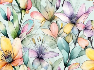 Pastel spring flowers light watercolor design background in seamless repeating pattern from Generative AI
