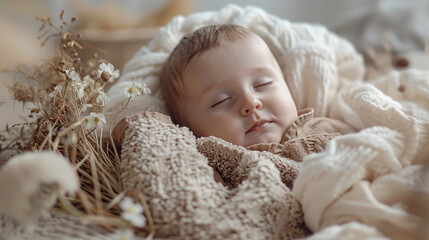 Sleeping infant surrounded by dried flowers and soft blankets. Newborn and tranquility concept. Design for poster, invitation, greeting card. Close-up shot with a soft-focus background