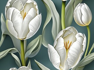 Pastel white tulips light watercolor design background in seamless repeating pattern from Generative AI