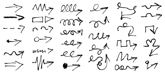 Big Set Doodle Hand Drawing elements isolated on white backdrop. Trace Doodle Arrows collection in fountain pen style. Arrow underline symbol. Vector illustration. EPS 10 - obrazy, fototapety, plakaty
