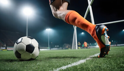 Close up of a soccer striker ready to kicks the ball in the football goal Soccer scene at night match with player kicking the ball with power - obrazy, fototapety, plakaty