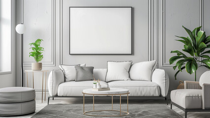 Sleek Showcase: Blank Poster Mockup in a Clean, Gray Modern Interior