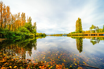 Flückiger Lake near Freiburg im Breisgau with the surrounding nature. Autumn landscape by the...