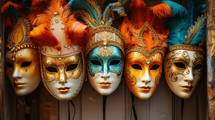 Multiple colored masquerade ball masks on the wall, historical reproductions. - obrazy, fototapety, plakaty