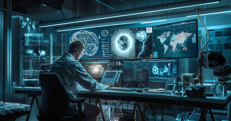 A scientist in a high-tech laboratory, surrounded by blinking monitors and intricate machinery, as they work on creating the world's first fully autonomous artificial intelligence