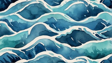 Blue water waves hand painted watercolor design background pattern from Generative AI