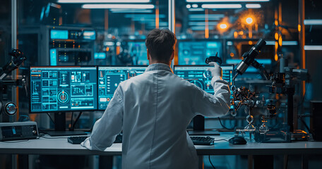 A scientist in a high-tech laboratory, surrounded by blinking monitors and intricate machinery, as they work on creating the world's first fully autonomous artificial intelligence - obrazy, fototapety, plakaty