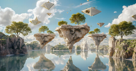 A surreal landscape of floating islands, each one a perfect hexagon, suspended in a serene azure sky, connected by shimmering bridges of light High-resolution photography