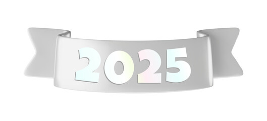Vector cartoon 3d silver ribbon with holographic numbers 2025, realistic chrome 3d design element for graduation design, yearbook, new year greeting card
