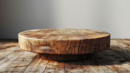Rustic Wooden Round Tray on Table.
Textured wooden round tray centred on a rustic table. Product Display Background. - obrazy, fototapety, plakaty