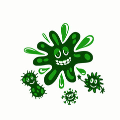 Obraz premium Cartoon green dirty virus and germs. vector illustration, green blot on white background