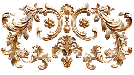 Golden Baroque Ornament 3D Set on White Background
