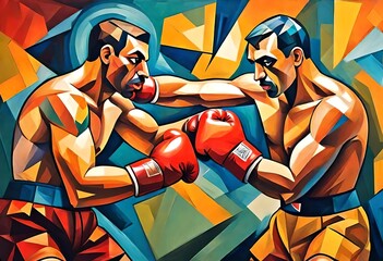 a cubist style, art deco, abstract painting of a two boxers boxing in a ring. sport, sports,  Bright colors.