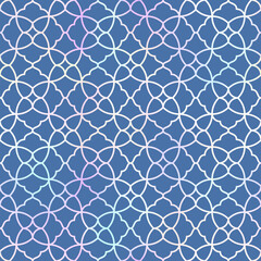 Fototapeta premium Arabic style seamless pattern. Vector holographic oriental ornament on blue background. Islamic traditional texture for backgrounds, wallpapers, textile patterns, decoration