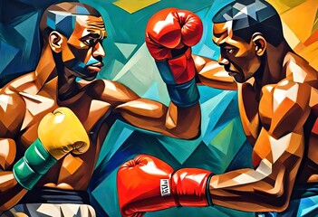 a cubist style, art deco, abstract painting of a two boxers boxing in a ring. sport, sports,  Bright colors.