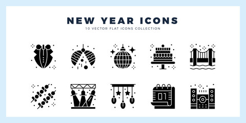10 New Year Glyph icon pack. vector illustration.