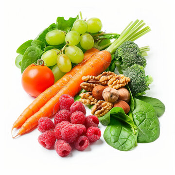 image of fresh fruits and vegetables, white background, three bright orange carrots, two types of tomatoes, green grapes, raspberries, and walnuts. The green leaves