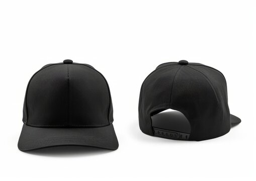 Black snapback cap front view and back view isolated on white background