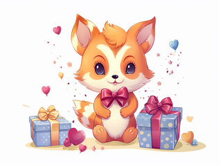 cartoon fox with gifts on a white background