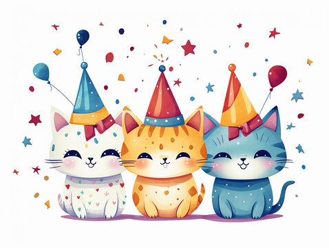 cartoon kittens with party caps on white background