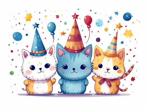 cartoon cute kittens with party caps on white background
