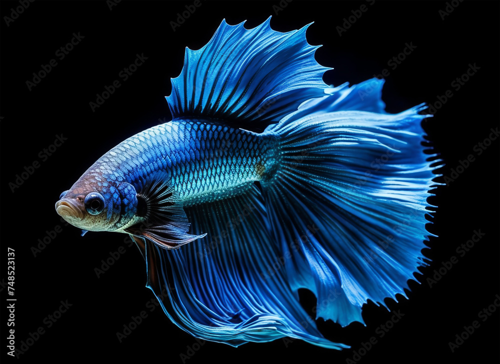 Wall mural portrait of blue betta fish on black background, generative ai