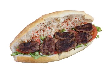 Grilled meatballs on bread, isolated on white background