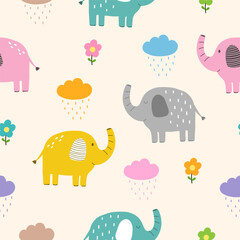 Seamless pattern with elephant, flowers and rain for your fabric, children textile, apparel, nursery decoration, gift wrap paper, baby's shirt.