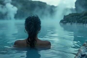 Fototapeta premium person finds solace in the geothermal embrace of the Blue Lagoon, a tranquil retreat amidst Icelandic mists