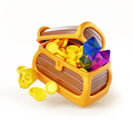 Game open pirate treasure chest with gold coin, gem stones and skull 3d icon. Ancient wooden trunk box with heap of money and diamonds. Trophy, level reward, cartoon element ui asset. 3D illustration