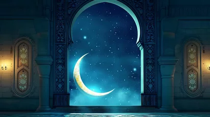 Fotobehang Ramadan Kareem background.Mosque window with shiny crescent moon - generative ai © Nia™