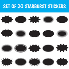 Set of black starburst price sticker, sale or discount sticker, sunburst badges icon. Stars shape with different number of rays. Special offer price tag. starburst promotional badge set