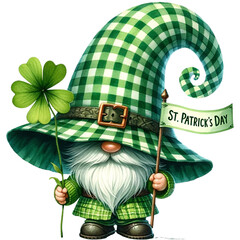 cute watercolor St.Patrick Gnome in green gingham costume