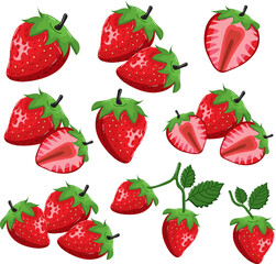 Set of fresh bright strawberries whole, half of strawberry and cut into slices