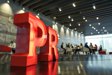 Public relations concept with 3D letters PR in a conference room, many microphones and journalists.