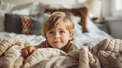 Portrait of a young child with blue eyes wrapped in a quilt. Home and comfort concept. Design for poster, invitation, greeting card. Close-up shot with place for text