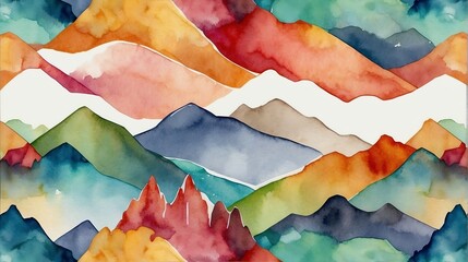 Colorful mountain ranges hand painted watercolor design background pattern from Generative AI