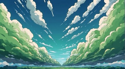 Quirky cute anime green clouds on the sky from Generative AI - obrazy, fototapety, plakaty