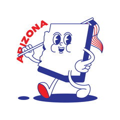 Arizona State retro mascot with hand and foot clip art. USA Map Retro cartoon stickers with funny comic characters and gloved hands. Vector template for website, design, cover, infographics.