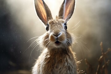 Obraz premium Captivating Side view portrait of wild rabbit. Brown cute hare in nature grass. Generate ai