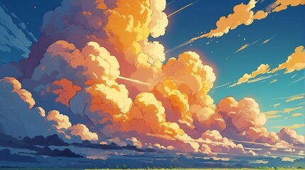 Fototapeta na wymiar Quirky cute anime yellow clouds on the sky from Generative AI