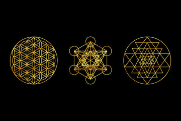Sacred Geometry Gold Symbols on Black Background. Sri Yantra, Flower Of Life, Metatron's Cube.