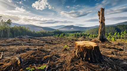A dramatic scene of deforestation with a large, freshly cut log in the foreground and wood remains on the background.