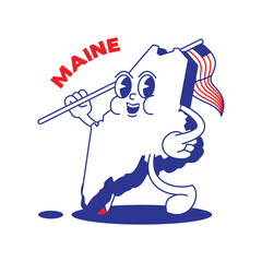 Maine State retro mascot with hand and foot clip art. USA Map Retro cartoon stickers with funny comic characters and gloved hands. Vector template for website, design, cover, infographics.