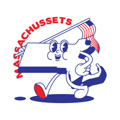 Massachusetts State retro mascot with hand and foot clip art. USA Map Retro cartoon stickers with funny comic characters and gloved hands. Vector template for website, design, cover, infographics.