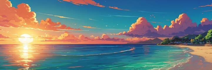 Wide angle animation anime panoramic landscape of a coconut tree on a beach island at sunset from Generative AI