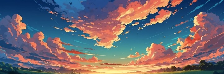 Obraz na płótnie Canvas Wide angle animation anime panoramic landscape of beach in summer sunset from Generative AI